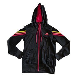 Adidas Women's Black Hoodie Full Zip Pink Neon Stripped Jacket Sweater Size M